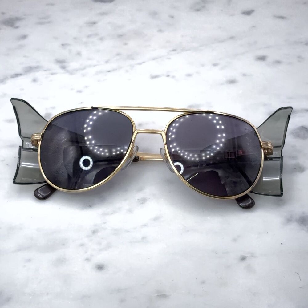 Vintage AOSafety 750 Eyeglasses FRAMES ONLY Gold w/ Smoke Side Shields 56-18-145